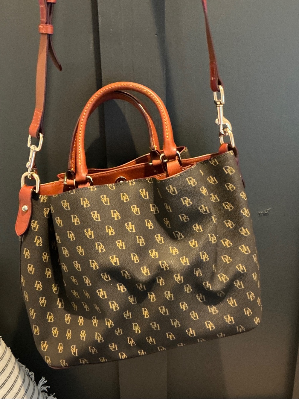 Dooney & Bourke Brown Logo Shoulder Bag with Tan Trim - Picture 2 of 5